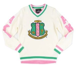 AKA Cream V-Neck Sweater with Green & Pink Trim